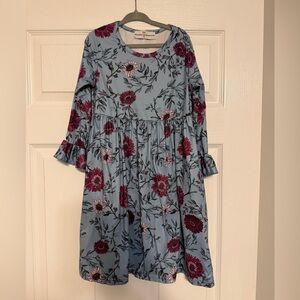 Girls' Floral Ruffle-Sleeve Dress - Dusty Blue with Burgundy Flowers